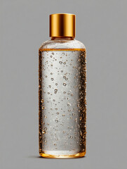 Clear serum bottles with golden bubbles for skincare and cosmetics
