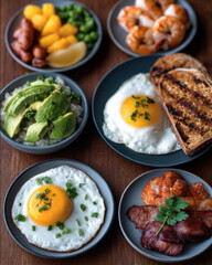 Sunny side up egg crispy bacon grilled toast avocado shrimp sausage orange green pea breakfast delicious