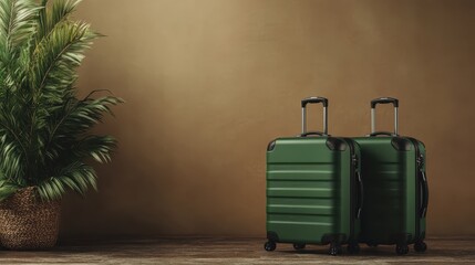A pair of sleek green suitcases sits stylishly beside a tropical plant against a warm backdrop, creating a sophisticated impression of travel and adventure, perfect for wanderlust lovers.