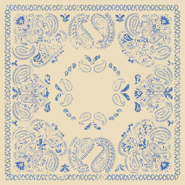 Bandana with paisley pattern and grunge texture. Scarf, fabric, and textile backgrounds. Bandana print featuring ethnic ornaments and abstract swirls.