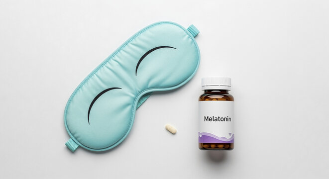 Sleep mask near melatonin bottle and tablet on white background  