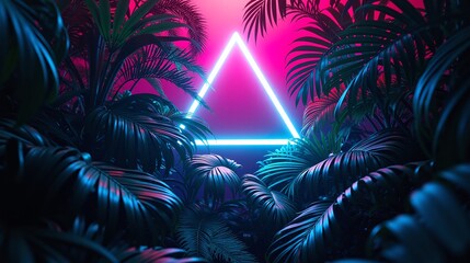An enchanting night scene, illuminated by neon triangles amidst lush foliage.