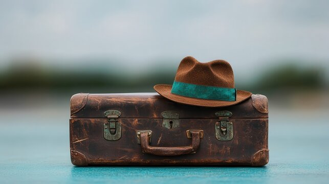 Discover a charming composition featuring a vintage suitcase adorned with a stylish hat, evoking feelings of travel, adventure, and nostalgia in a serene outdoor setting. - Powered by Adobe