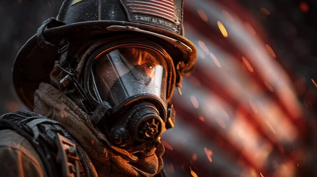 A heroic firefighter in full protective gear and helmet stands proudly with his head held high, looking into the distance with strength and determination.
