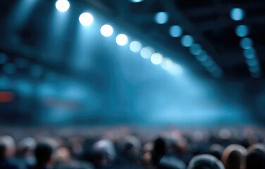 Blurred crowd blue bokeh lights indoor event stage concert performance energetic atmosphere night