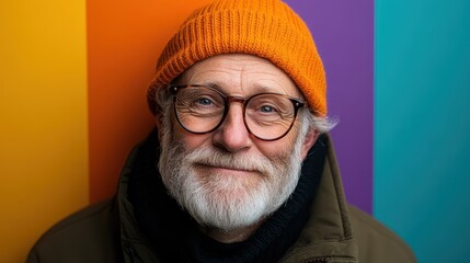 A charming portrait of an elderly man wearing a vibrant orange beanie, smiling gently against a striking colorful backdrop that emphasizes warmth and wisdom.
