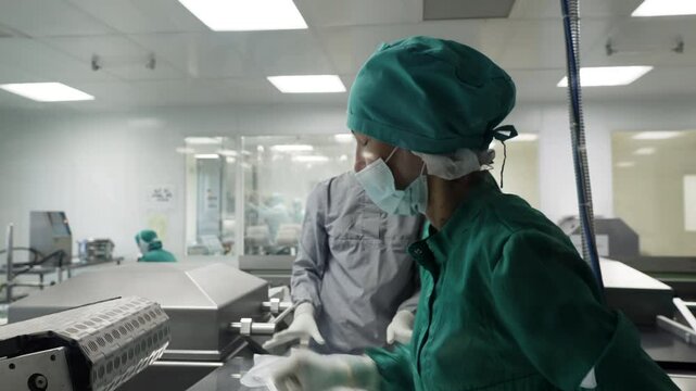 Pharmaceutical Production Line. Female Workers Take Medicine From Conveyor And Put Them Into Packs. Packaging Process. Pharmaceutical Production. Modern Equipment At Factory. Pharmaceutical Industry