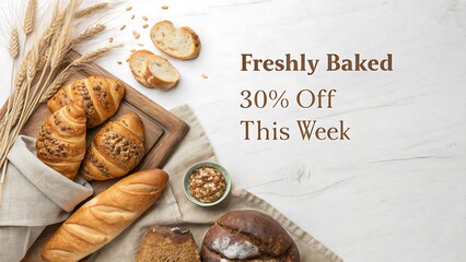 Bakery poster with assorted croissants and breads on rustic linen, minimal ‘Freshly Baked – 30% Off This Week’ text with clean font