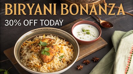 Bowl of biryani with raita on the side, top-down view, decorative spice border, headline text saying ‘Biryani Bonanza – 30% Off Today’ food poster design background 