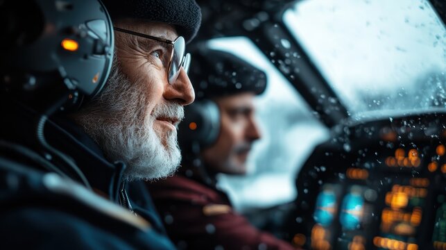 Two experienced pilots are seen in a cockpit, one smiling confidently while flying through snowy conditions, showcasing teamwork and the thrill of adventure in aviation.