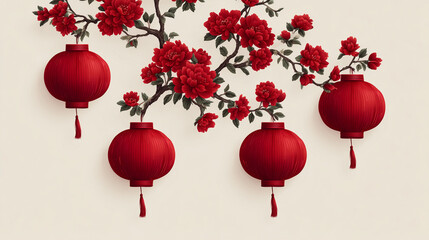 Fototapeta premium Red Chinese lanterns hanging from flowering branch on beige background 