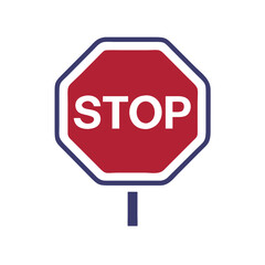 Stop sign with red background and white text in octagonal shape  
