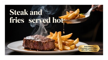 Steak and fries served hot, close-up view with juicy texture, gold ‘Premium Lunch Offer – 20% Off Today Only  poster design 