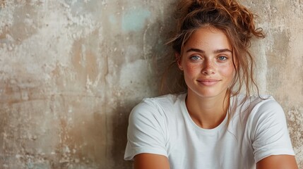 A captivating portrait of a smiling woman against a rustic background, showcasing her natural beauty, charm, and effortless elegance in a warm, inviting atmosphere.