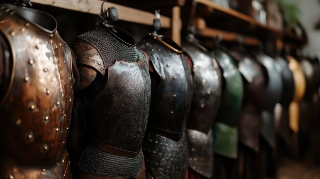 A display of ancient armor pieces hanging on racks, representing historical craftsmanship and artistry, highlighting the intricacies and details of armor design in a storied setting.