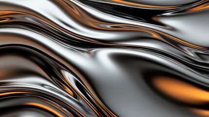 This captivating abstract image features metallic waves that interplay with warm orange highlights, creating a visually striking and dynamic effect full of movement and depth.