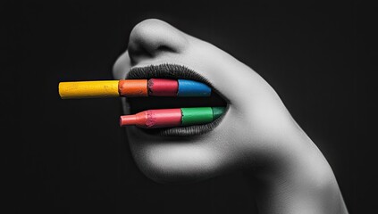 Close-up black and white portrait of a woman's face with colorful crayons in her mouth