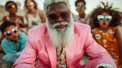 A distinguished man in a pink suit poses alongside children in sunglasses, creating a vibrant scene symbolizing joy, connection, and playful family bonds.