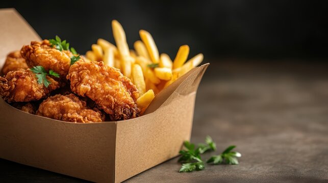 A delicious serving of crispy fried chicken and golden French fries highlights a classic comfort food combo, evoking feelings of indulgence and satisfaction while dining.