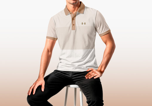 Polo T-Shirt Mockup on Male Model Sitting on Stool