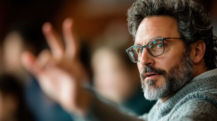 Fototapeta premium An engaging portrait of a man with glasses, displaying interest and connection with his surroundings in a lively social setting filled with dynamic backgrounds.