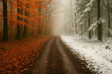 Fototapeta premium Seasonal Border: Forest Path Split by Rain and Fresh Snow