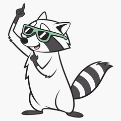 Funny raccoon in green sunglasses showing a rock gesture isolated on white background