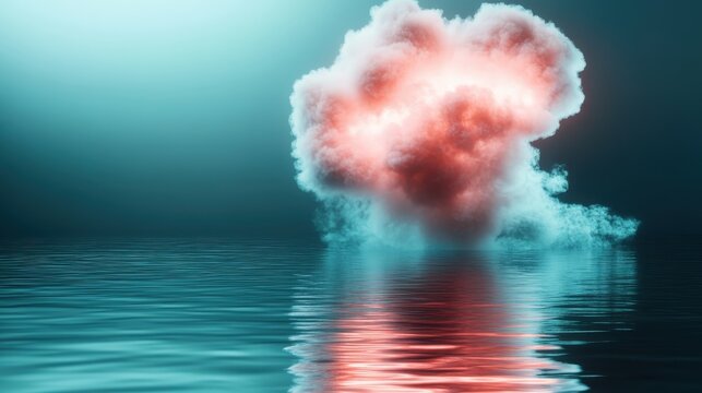 This abstract image presents a colorful smoke explosion hovering above calm water, creating a striking reflection that captures a dynamic interaction between elements.