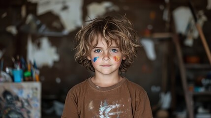 Fototapeta premium A cheerful young boy adorned with colorful paint on his cheeks, embodying creativity and joy while standing in an artistic environment full of paint and art supplies.