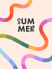 Summer abstract background with bright rainbow lines.Modern illustration with colorful shapes.Summer vacation banner in simple fun style.Vertical print for posters,banners,ad,covers,branding,fashion