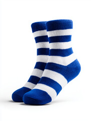 Blue and white striped fuzzy socks isolated on white background
