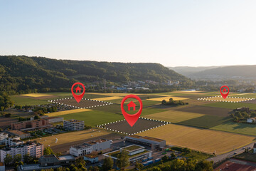 Land plot in aerial view. Gps registration survey of property, real estate for map with location, area. Concept for residential construction, development. Also home or house for sale, buy, investment.