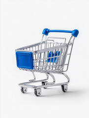 Mini metal shopping cart with blue handle and label isolated on white background
