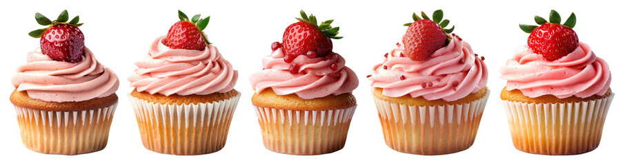 PNG Delicious strawberry frosted cupcakes, element set on transparent background