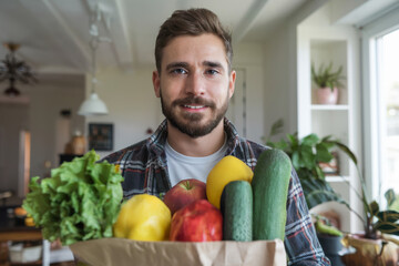 Fototapeta premium Smiling man holding grocery bag with fresh vegetables while standing in a brightly lit kitchen space at home