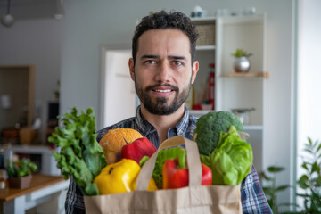 Fototapeta premium A cheerful man with a trimmed beard holds a full grocery bag containing fresh green lettuce, orange melon, yellow bell pepper, red bell pepper, and dark green broccoli