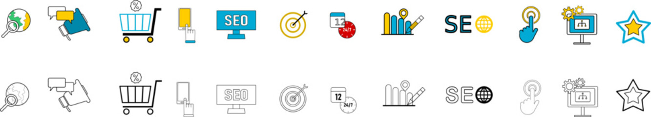Colorful Marketing & SEO Vector Icons – Globe, Cart, Mobile Tap, Target, Analytics, Star