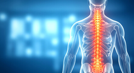 A human anatomical illustration featuring the spine highlighted in vibrant orange and blue background