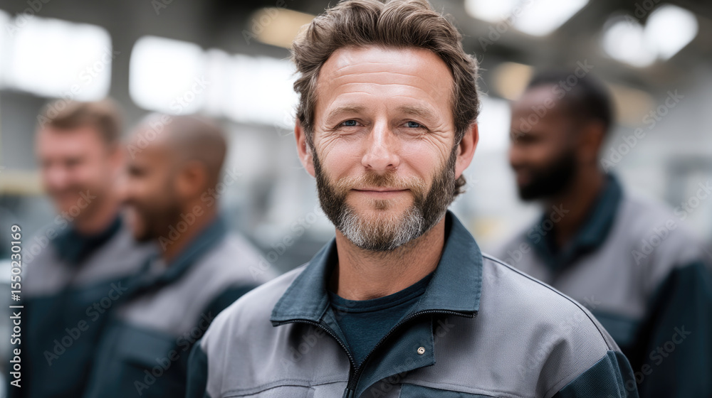 Poster confident male factory worker with beard and gray uniform standing in industrial setting, smiling at