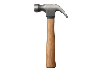 Metal hammer featuring wooden handle, resting on transparent backdrop, serving construction and home improvement tasks