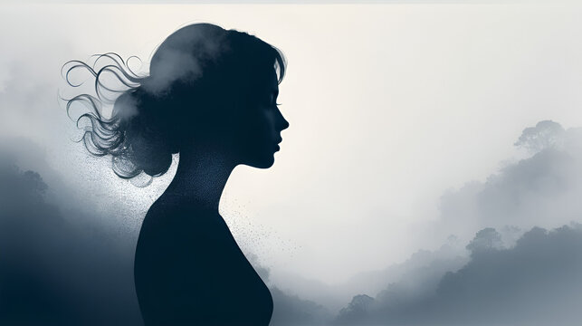 Silhouette of a disappearing woman's profile blending into a misty background. Ephemeral. Illustration