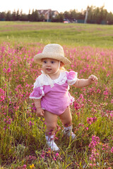 Beautiful one-year-old baby girl stands in a pink dress and a straw hat in a field at sunset among bright flowers.