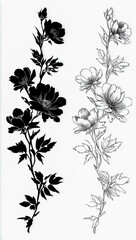 Elegant Floral Line Art with Simple Stencil Motifs – Minimalist Botanical Illustration