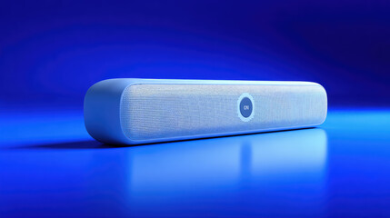 Mini sound bar on dark blue background, Bluetooth speaker, Smart home concept