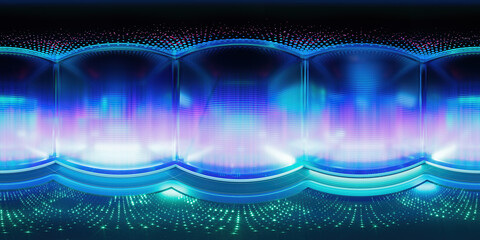 HDRI. Space and glowing neon effect. Full spherical panorama 360 degrees. Modern hi-tech, science, futuristic technology concept. Abstract digital high tech design. 3D render illustration.