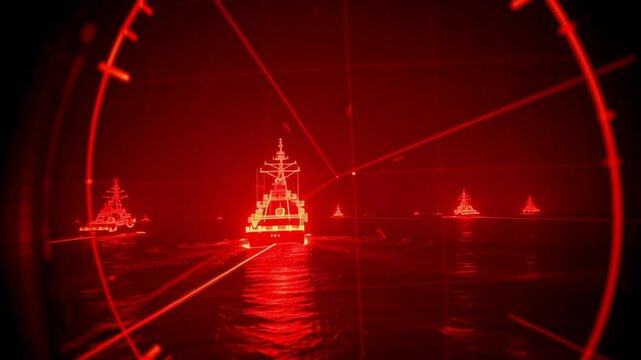 Red targeting lasers highlight warships navigating dark waters during a simulated naval warfare exercise, emphasizing the technological aspects of modern maritime conflict