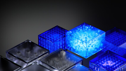 Blockchain concept. Cryptocurrency connected cube blocks. Big data Ai chain technology background. Data transmission crypto operations. 3d illustration.