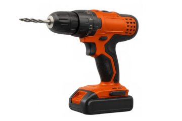 Modern orange and black cordless drill with drill bit on transparent background, power tool for construction and diy projects