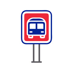 Bus stop sign in red and blue design with graphic illustration  