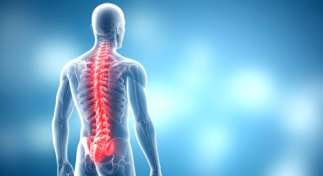 Illustration of a human figure with a highlighted spine and back on a blue gradient background